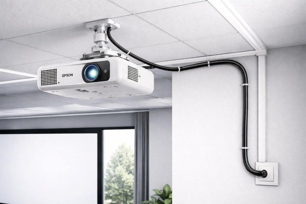 découvrez comment réaliser un câblage longue distance pour votre vidéoprojecteur epson avec hdmi sur fibre optique et installation propre grâce aux goulottes.