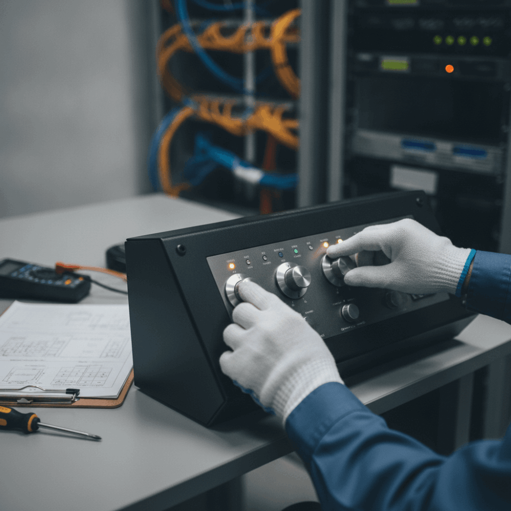 Technicien ajustant système de régulation énergétique numérique pour optimiser la consommation d'un bâtiment tertiaire