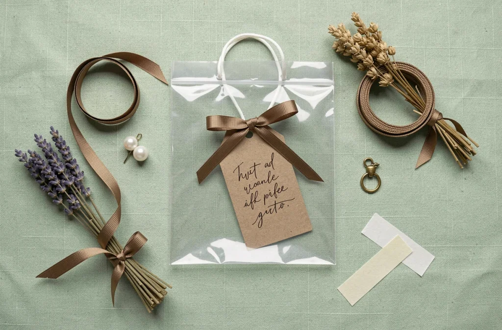 Flatlay de accessoires pour embellir un sac cadeau transparent, incluant rubans, étiquettes calligraphiées, lavande séchée et breloques dorées