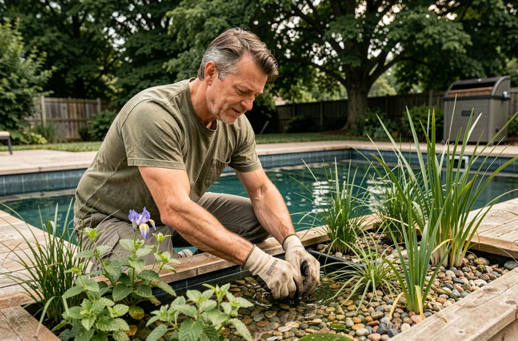 Homme aménageant une zone de plantes aquatiques en bordure de piscine pour encourager la faune et la flore locales