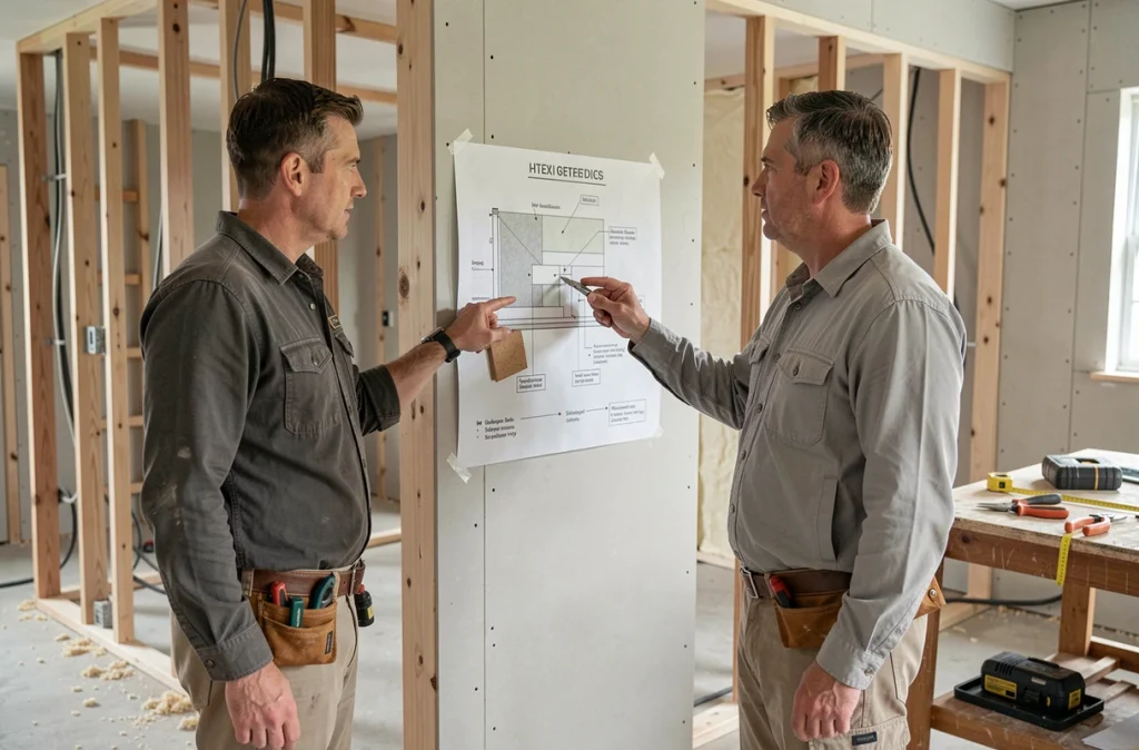 Deux artisans du bâtiment discutant de l'ordre d'intervention entre électricité et isolation sur un chantier de rénovation