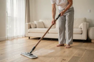 Femme utilisant un balai lave-sol à pad microfibre sur parquet en chêne clair pour réduire la poussière au quotidien