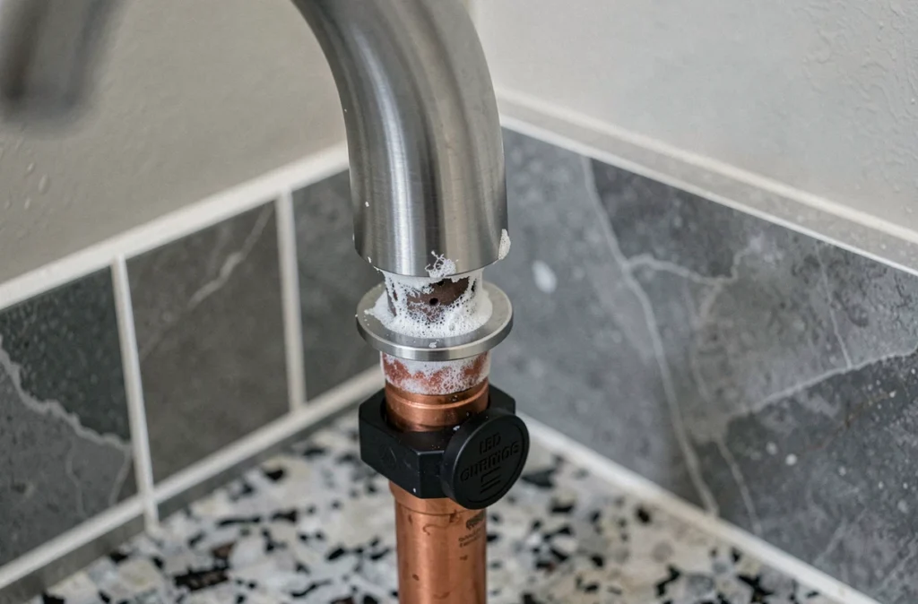 Dépôts de calcaire visibles sur un robinet de cuisine avec un aimant anti-calcaire installé sur la canalisation