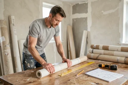 Homme mesurant un rouleau de papier peint sur une table en bois lors d'une rénovation d'appartement en faisant ses premiers calculs
