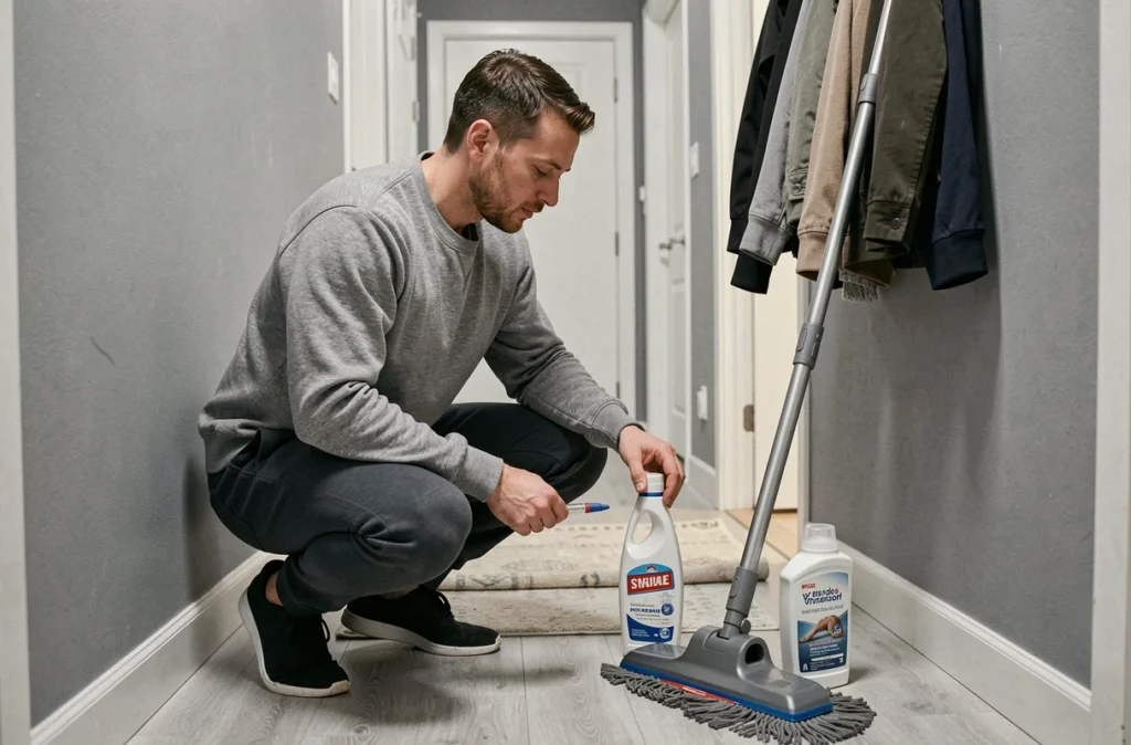 Homme comparant deux modèles de balai lave-sol dans un couloir d'appartement pour choisir la meilleure solution anti-poussière et anti-allergènes