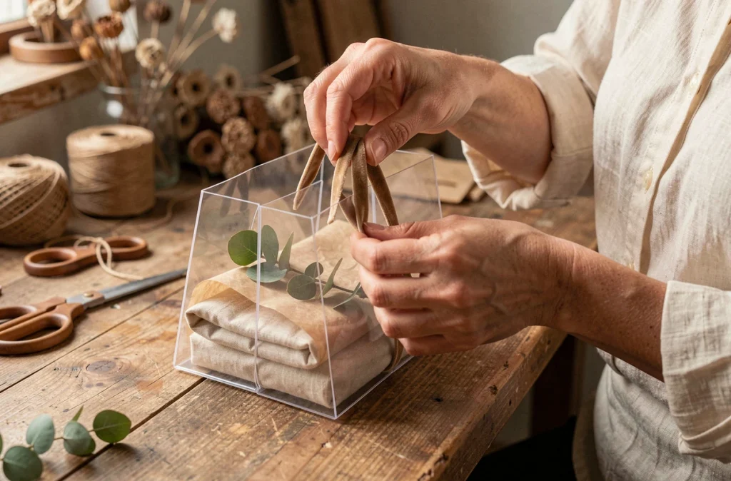 Mains féminines décorant un sac cadeau transparent avec un ruban en velours et du papier parchemin sur une table en bois