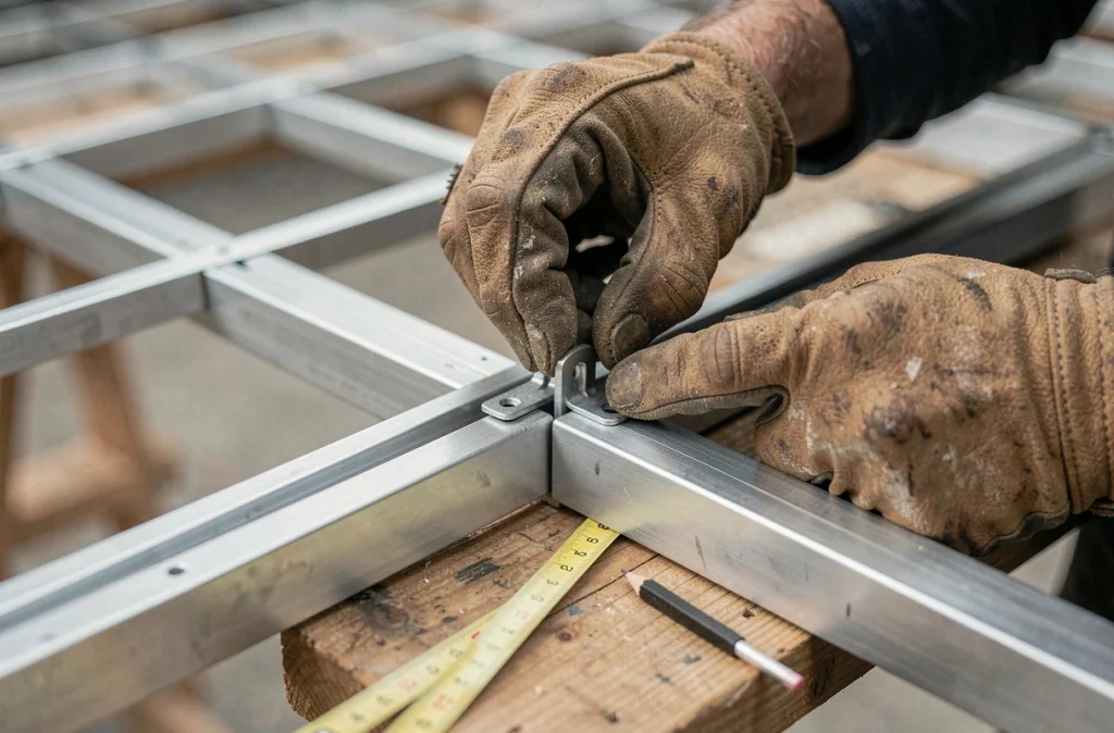Détail de l'assemblage d'une ossature métallique de faux plafond par un artisan expérimenté