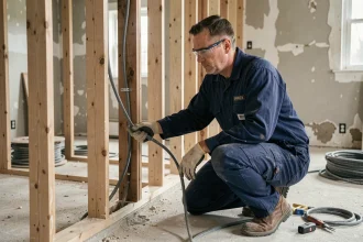 Électricien installant des conduits électriques dans une cloison avant la pose de l'isolation thermique lors d'une rénovation résidentielle