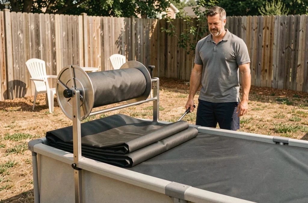 Homme utilisant un enrouleur pour replier une couverture solaire sombre sur une piscine hors-sol dans un jardin