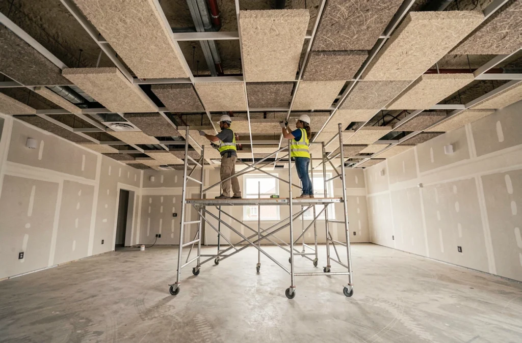 Équipe d'artisans posant un faux plafond acoustique dans un grand espace commercial en cours de rénovation