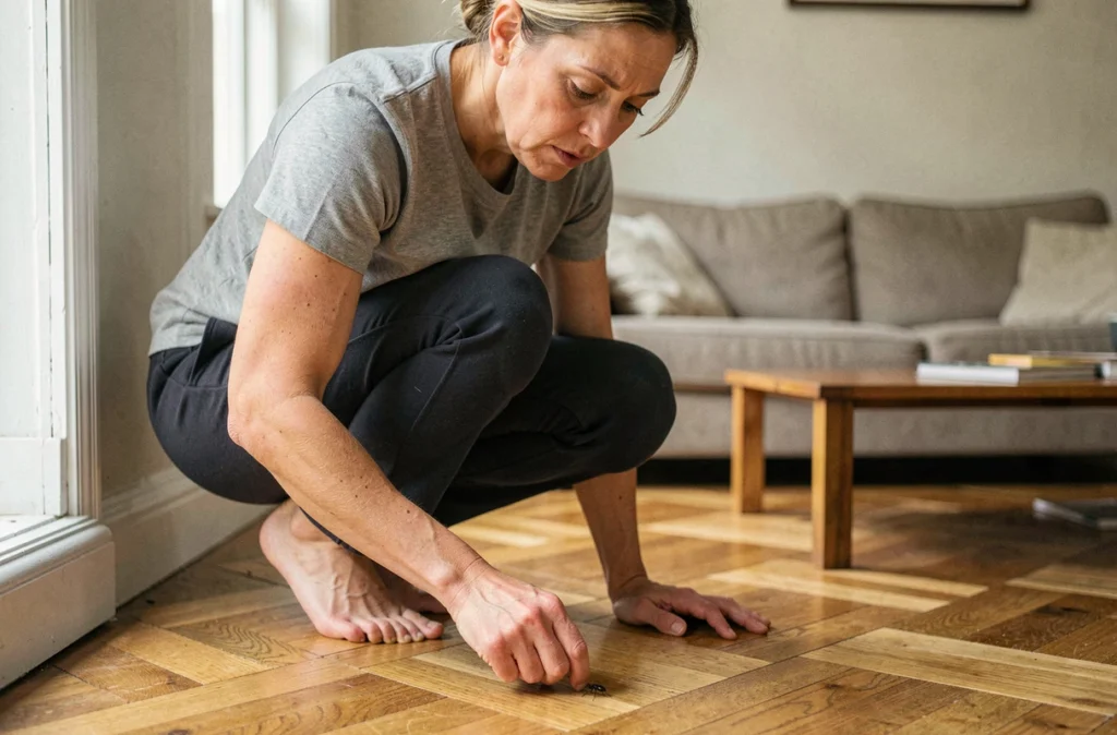 Femme examinant une petite bête noire sur le parquet de son salon