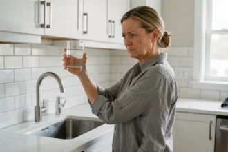 Femme vérifiant la qualité de l'eau du robinet dans une cuisine moderne pour tester l'efficacité d'un aimant anti-calcaire