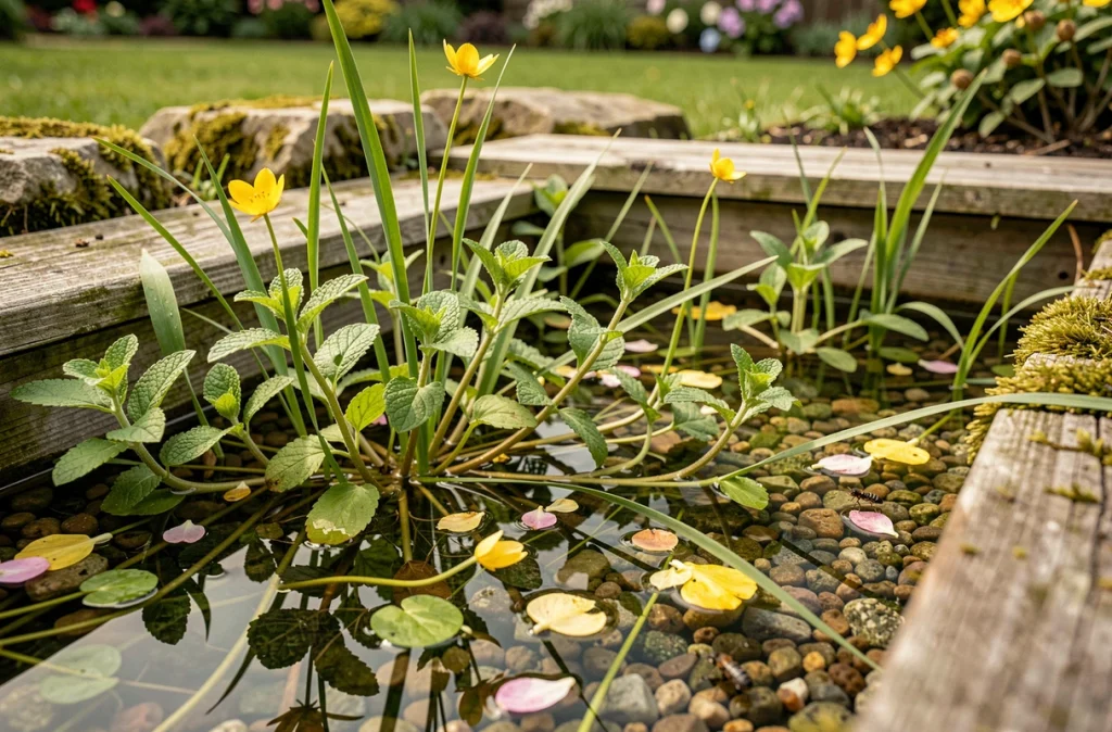 Zone de filtration biologique d'une piscine naturelle avec plantes aquatiques et gravier visible sous l'eau