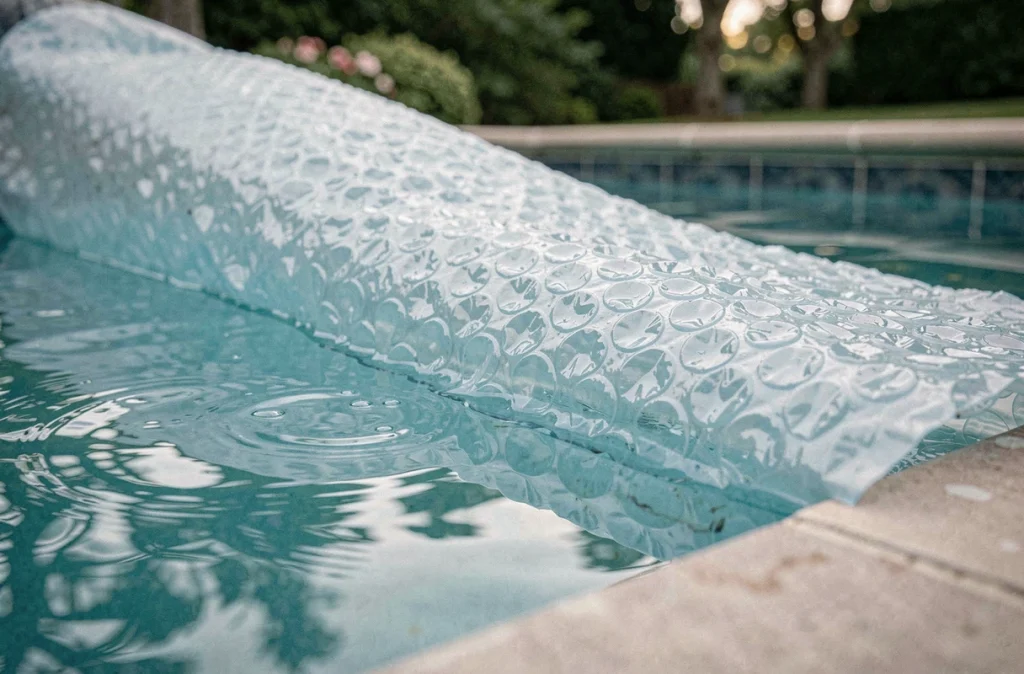 Gros plan sur la texture d'une couverture solaire à bulles posée sur l'eau d'une piscine pour réduire l'évaporation