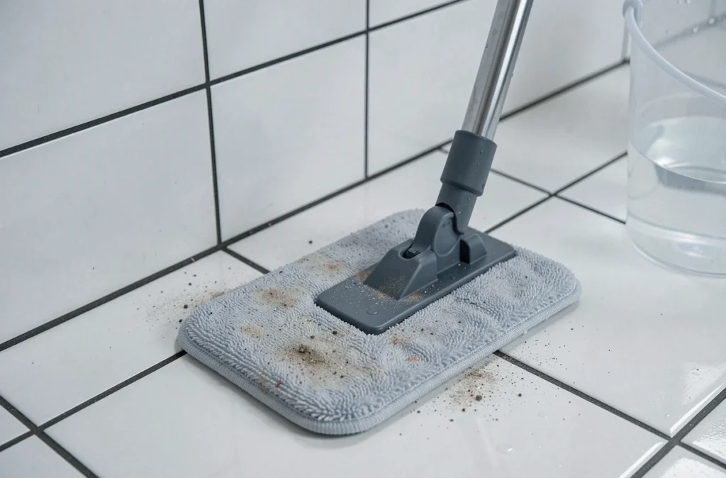 Gros plan sur le pad microfibre d'un balai lave-sol après nettoyage de carrelage blanc, révélant les allergènes et poussières collectés