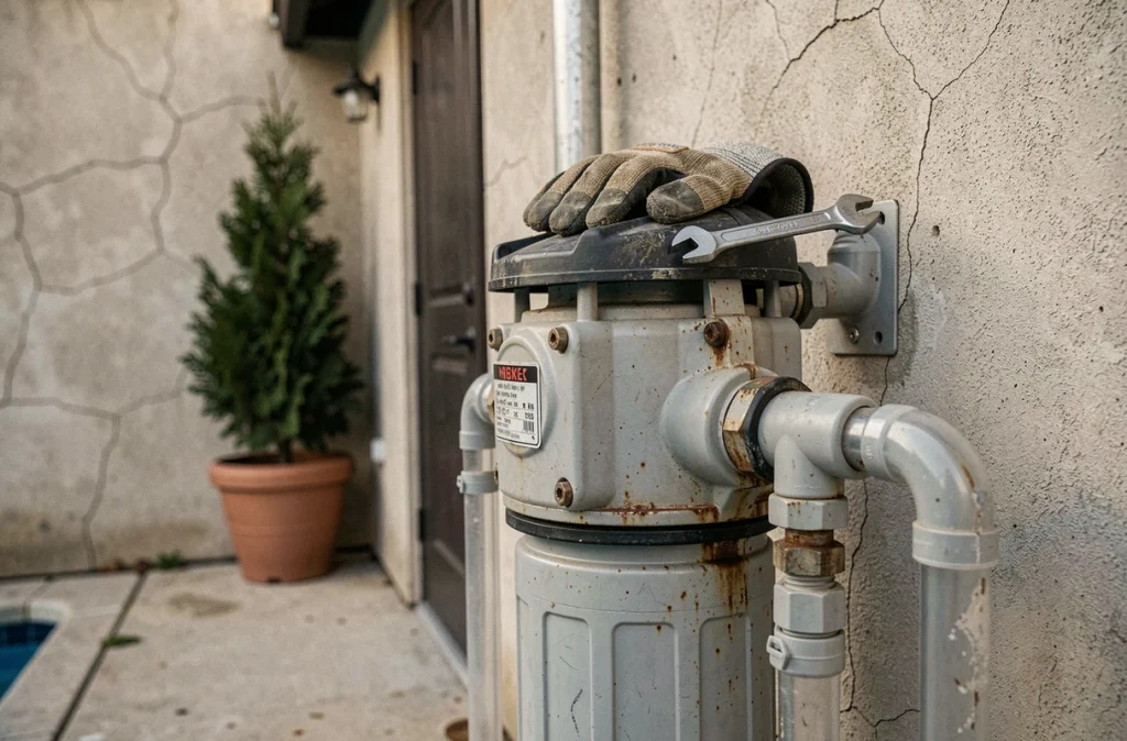 Système de filtration et pompe de piscine en cours d'hivernage, avec vannes fermées et gants de travail posés dessus