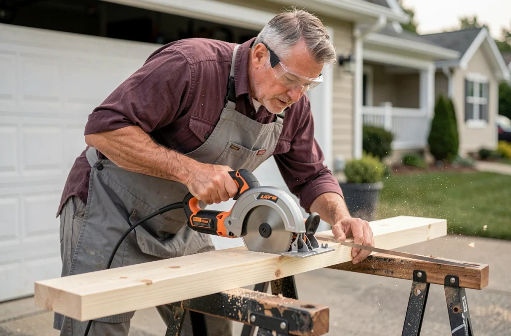 Homme utilisant une scie circulaire pour couper une planche en bois sur un chevalet devant un garage