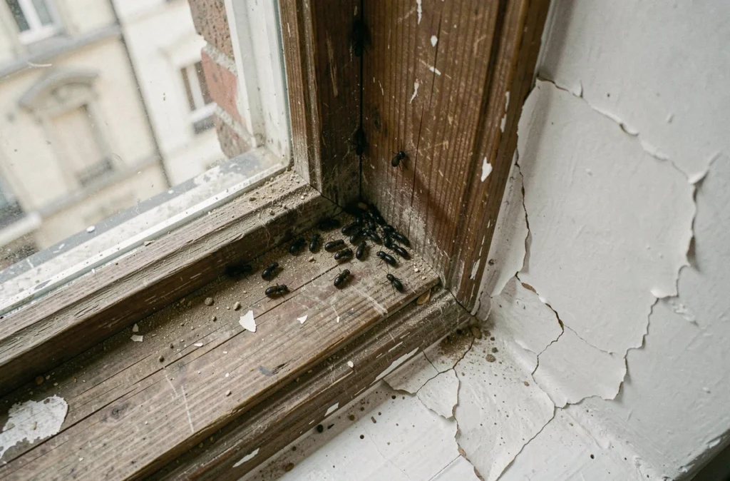 Vue en plongée d'insectes noirs regroupés sur un appui de fenêtre ancien, révélant un point d'entrée dans un appartement