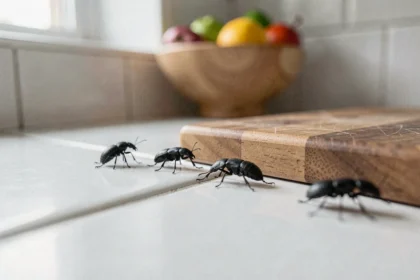 Gros plan macro d'insectes noirs sur un plan de travail de cuisine blanc, illustrant une infestation domestique soudaine