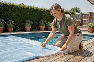 Femme installant une couverture solaire bleue sur une piscine de jardin pour limiter l'évaporation de l'eau