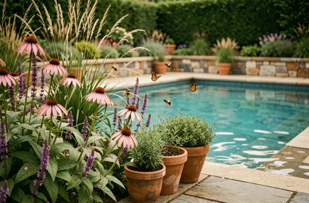 Jardin de plantes indigènes et pollinisateurs au bord d'une piscine favorisant la biodiversité naturelle
