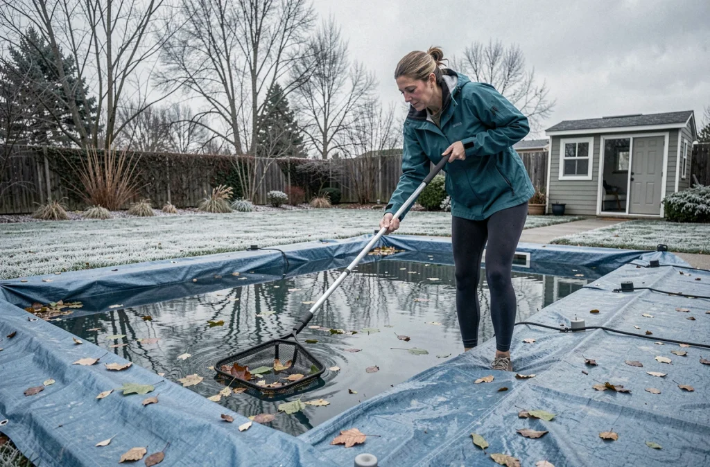 Une femme retire les feuilles mortes d'une piscine à l'aide d'une épuisette avant de la couvrir pour l'hiver