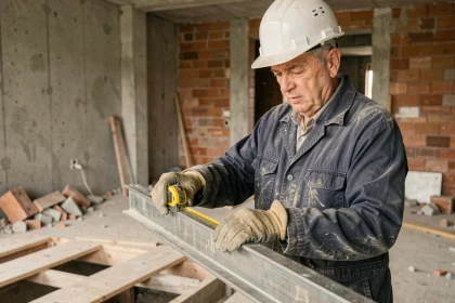 Ouvrier mesurant un IPN métallique dans une maison en cours de rénovation