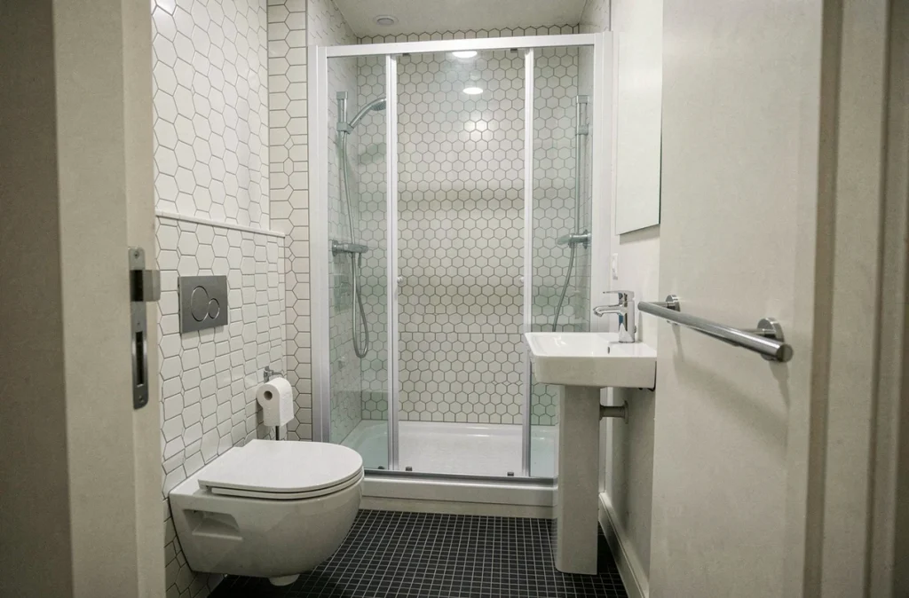 Petite salle de bain de 4 m² optimisée avec douche d'angle, WC suspendu et carrelage hexagonal blanc dans un appartement urbain