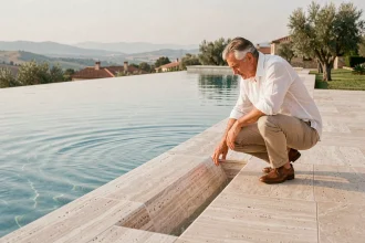Homme inspectant le bord débordant d'une piscine à débordement avec vue sur paysage méditerranéen