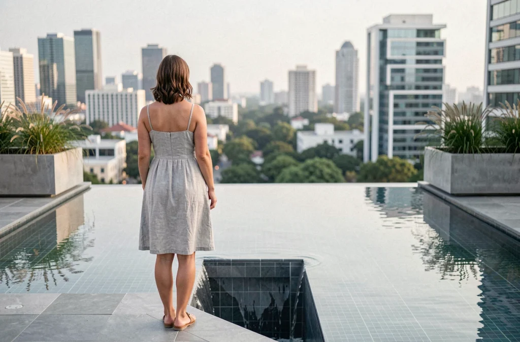 Femme admirant une piscine à débordement moderne sur terrasse avec vue sur panorama urbain