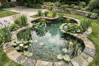 Piscine naturelle intégrée dans un jardin écologique avec plantes aquatiques et zone de baignade aux eaux claires