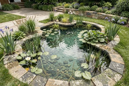 Piscine naturelle intégrée dans un jardin écologique avec plantes aquatiques et zone de baignade aux eaux claires