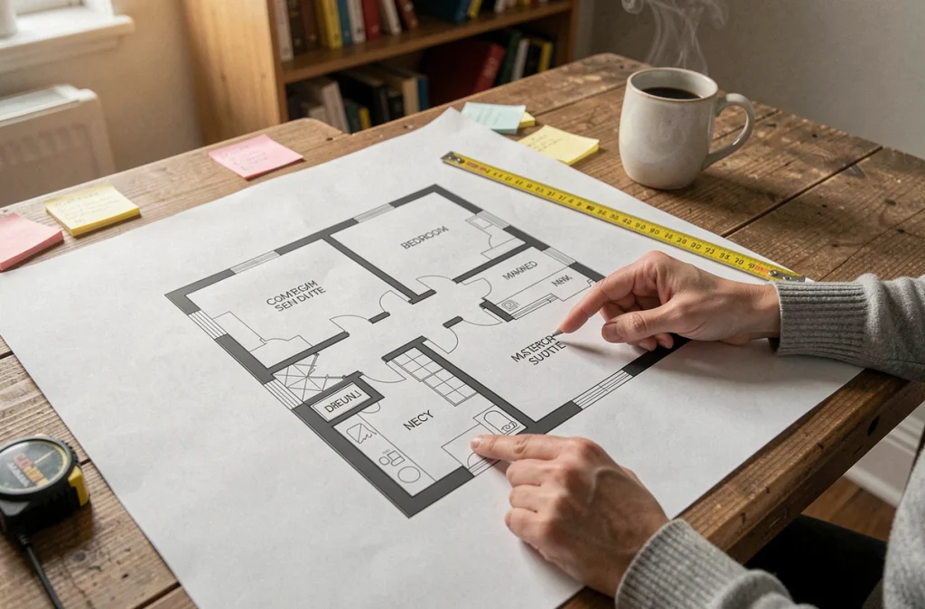 Plan de maison 4 chambres avec suite parentale posé sur une table à dessin avec les mains d'une architecte