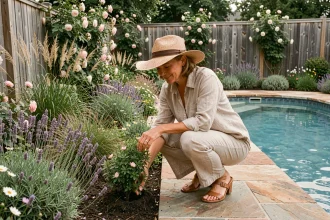 Femme plantant des arbustes fleuris au bord d'une piscine pour favoriser la biodiversité dans un jardin naturel