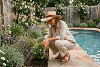Femme plantant des arbustes fleuris au bord d'une piscine pour favoriser la biodiversité dans un jardin naturel