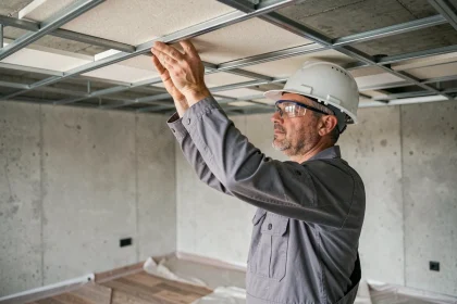 Artisan professionnel en train de poser des dalles de faux plafond sur une structure métallique dans une pièce en rénovation