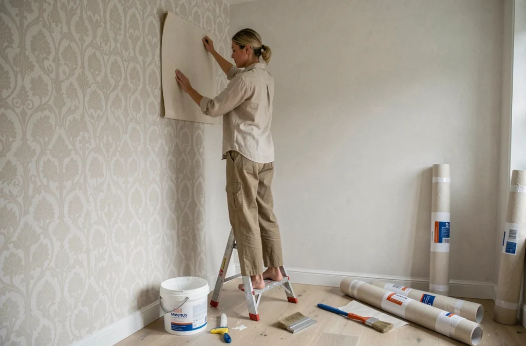 Femme posant seule un lé de papier peint sur un mur de salon de 10m2 lors de sa première pose DIY