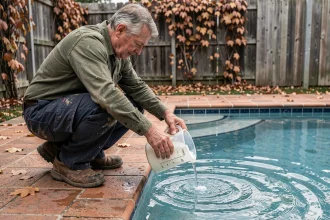 Un homme d'âge mûr ajoute des produits hivernants dans une piscine extérieure entourée de feuilles d'automne