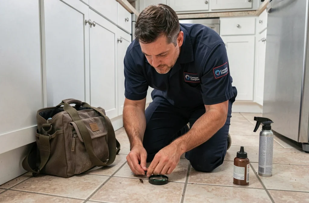 Professionnel de la désinsectisation inspectant un insecte noir dans une cuisine