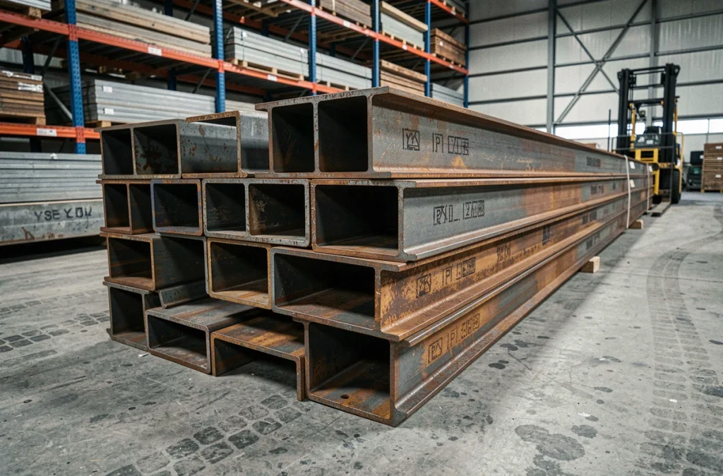 Profilés IPN métalliques empilés dans un dépôt de matériaux de construction