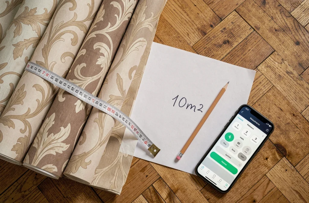 Rouleaux de papier peint, mètre ruban et feuille de calcul pour estimer la quantité nécessaire pour 10m2