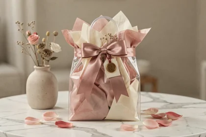 Sac cadeau transparent élégamment décoré avec un ruban satiné, du papier de soie et des accessoires raffinés sur un plan de travail en marbre blanc