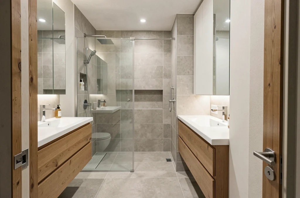 Salle de bain attenante compacte d'une suite parentale avec douche à l'italienne et double vasque dans une maison 4 chambres
