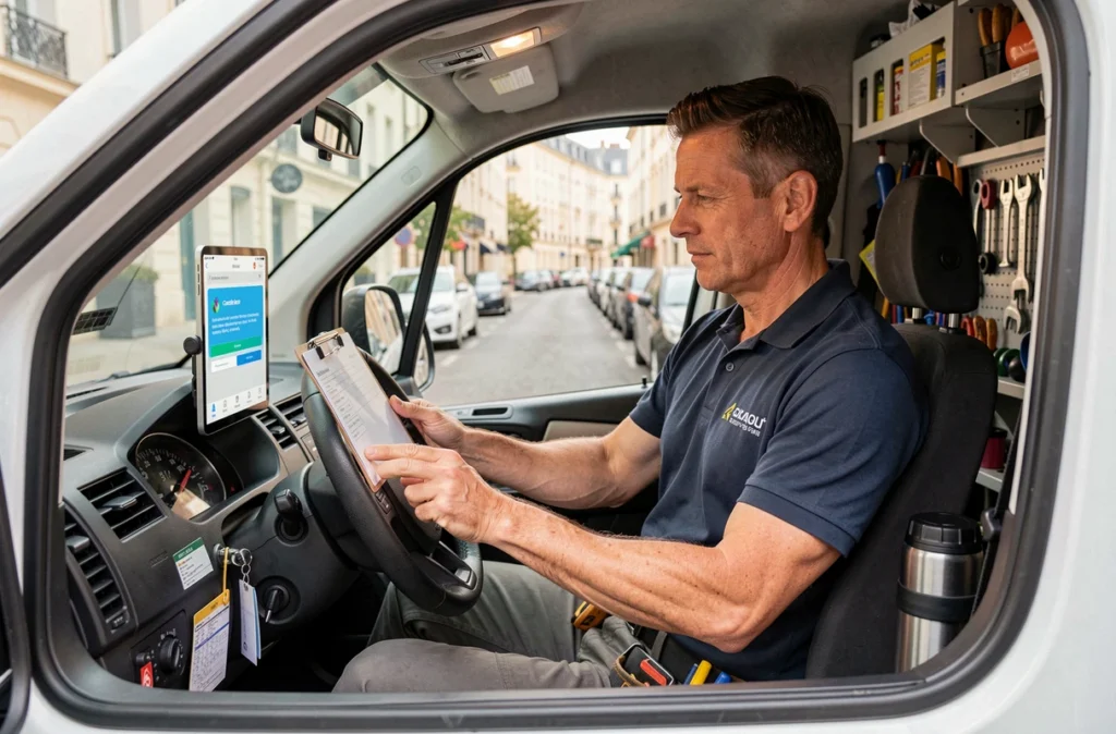 Technicien plombier dans son van consultant une demande de rappel urgence sur tablette