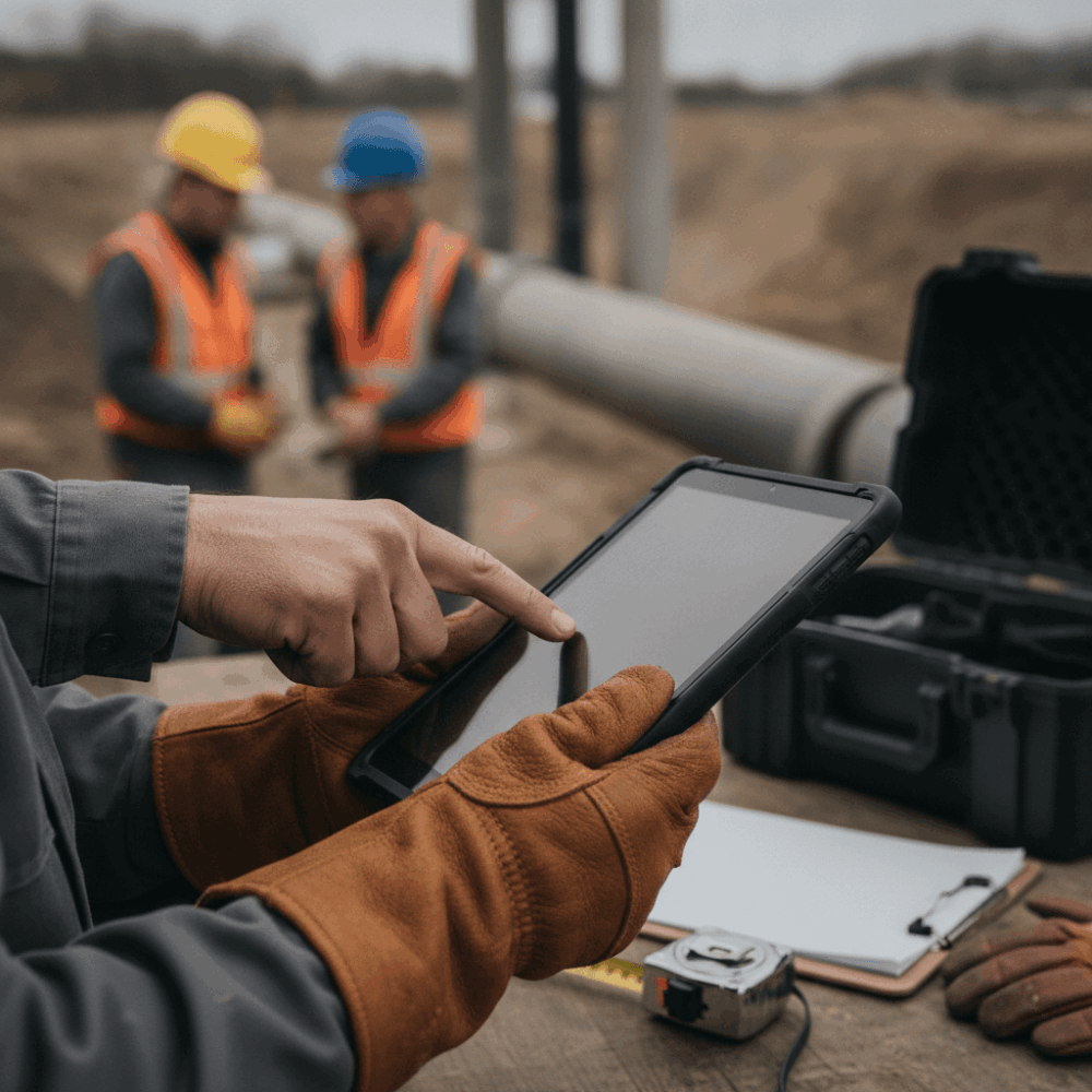 Technicien SPANC consultant les plans d'installation d'assainissement avec propriétaire sur chantier
