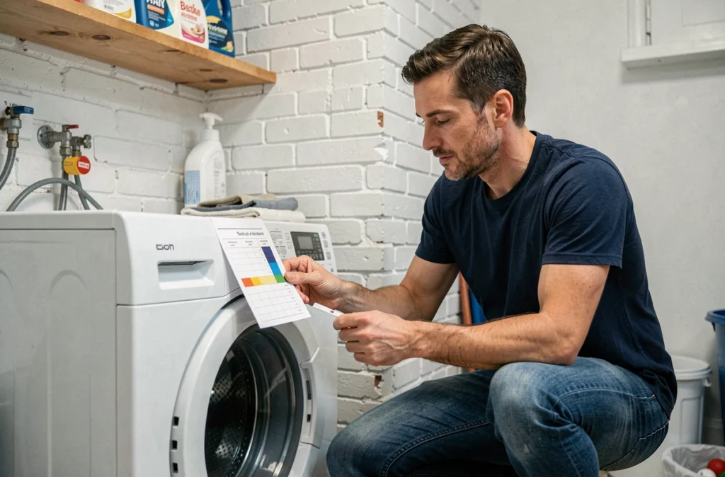 Homme testant la dureté de l'eau avec une bandelette de test près d'un lave-linge équipé d'un aimant anti-calcaire