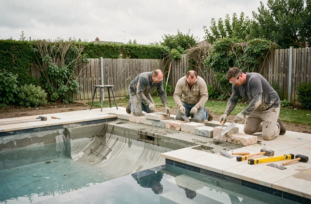 Chantier de transformation d'une piscine classique en bassin à débordement avec ouvriers en travaux