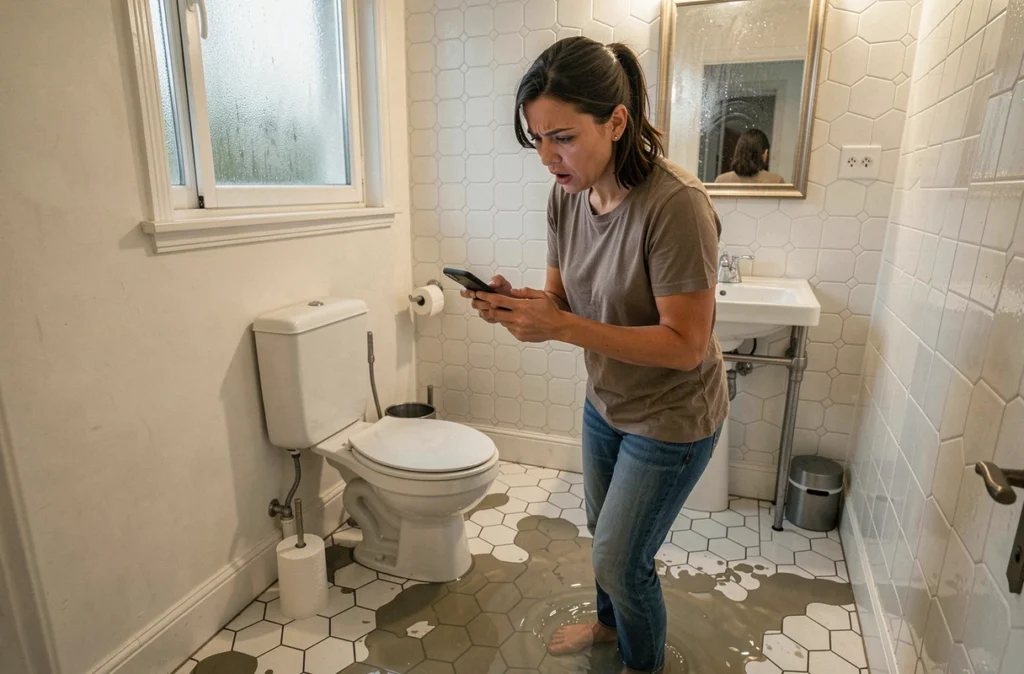 Femme stressée dans une salle de bain inondée contactant un artisan plombier via smartphone