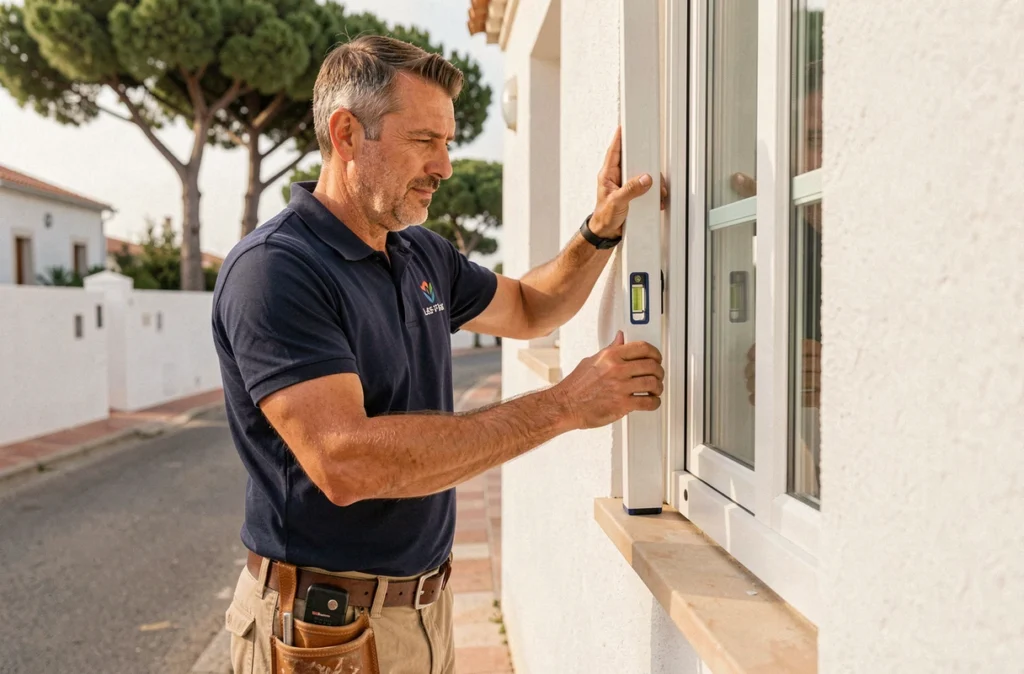 Spécialiste en rénovation tous corps d'état vérifiant la pose d'une fenêtre PVC à Palavas-les-Flots