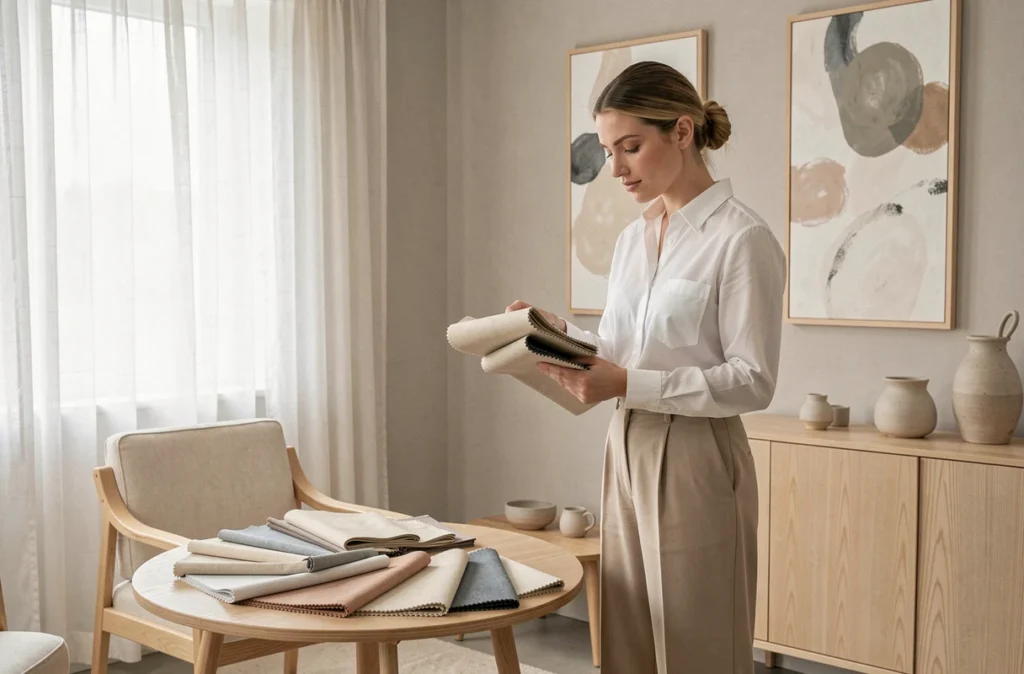 Studio Ana Studio décoration intérieure minimaliste avec mobilier en chêne clair, céramiques et textiles neutres